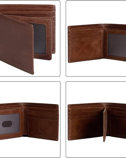 VISOUL Leather Wallets Bifold for Men with 2 ID Windwows, Men's Designer Card Holder Wallets with RFID Blocking (Brown)