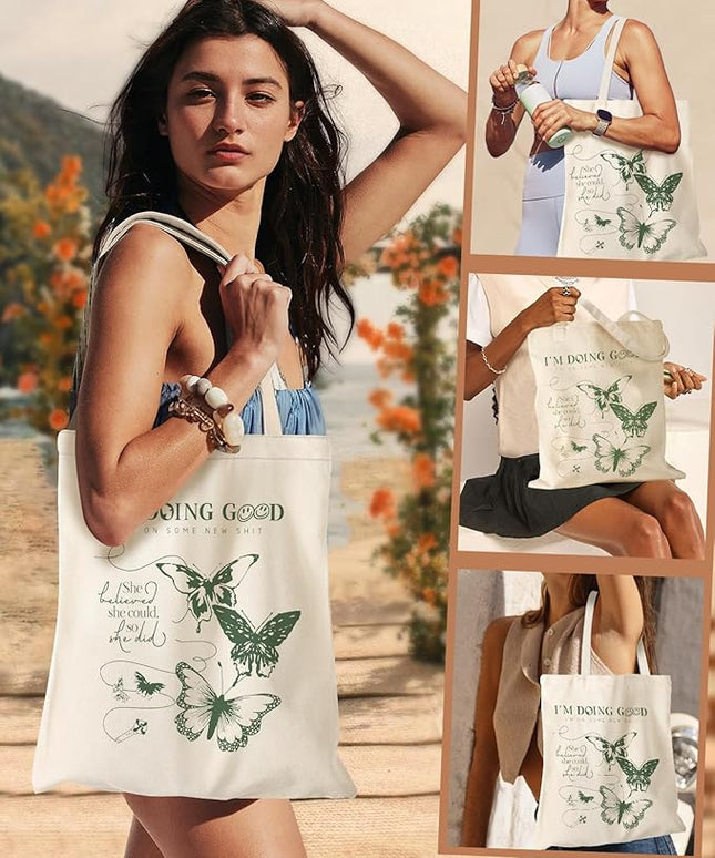 Aesthetic Canvas Tote Bag - Reusable Shoulder Tote Bag for Women Lady Casual Vacation, Shopping, Work, Gym