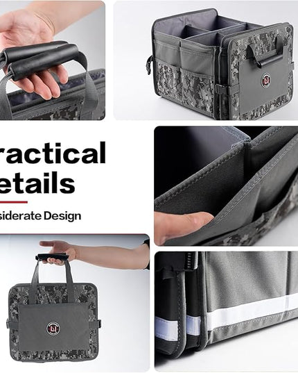 LIBZAKI Car Trunk Organizer,3 Compartments Big Trunk Storage, Large Capacity, Foldable, 95L Heavy Duty Storage Box for Car, SUV, Truck,Jeep, Includes 26L Cooler Bag -Gray Camouflage