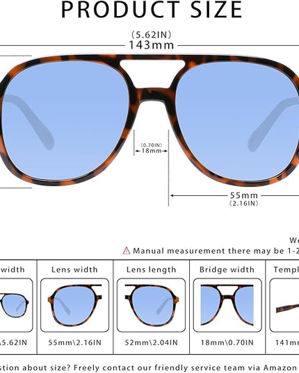 YDAOWKN Retro Square Aviator Sunglasses for Womens Mens Vintage 70s Double Bridge Sun Glasses