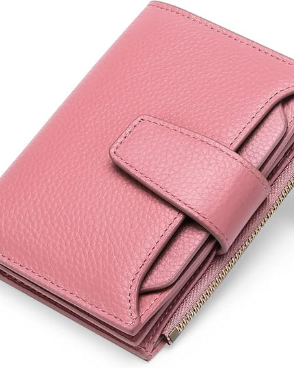 FALAN MULE Women's Genuine Leather Wallet, Compact Size, RFID Blocking, 14 Slots, 2 Zippered Pockets, 2 Bill Compartments, Includes Coin Pouch, Card Holders, AY-Lichee Pink