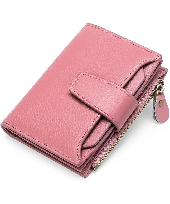 FALAN MULE Women's Genuine Leather Wallet, Compact Size, RFID Blocking, 14 Slots, 2 Zippered Pockets, 2 Bill Compartments, Includes Coin Pouch, Card Holders, AY-Lichee Pink