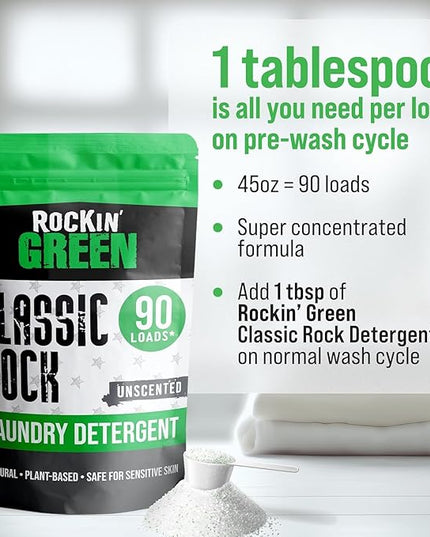 Rockin' Green Classic Rock Laundry Detergent Powder (90 Loads) - All Natural Laundry Detergent - Sensitive Skin Laundry Powder (Unscented)