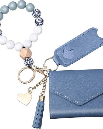 Weewooday Wristlet Bracelet Keychain Wallet Gift for Women Christmas Small Silicone Beaded Keyring Purse Leather Card Holder(Sky Blue)