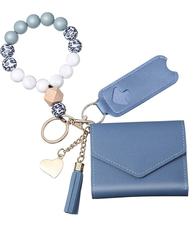 Weewooday Wristlet Bracelet Keychain Wallet Gift for Women Christmas Small Silicone Beaded Keyring Purse Leather Card Holder(Sky Blue)