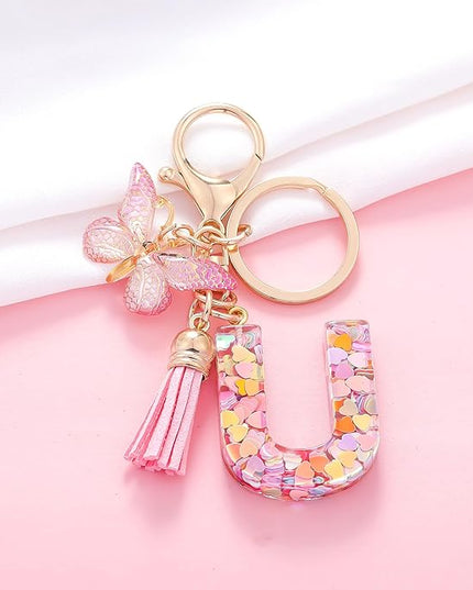 Fashion Alphabet Initial Letter Keychain Tassel Butterfly Pendant Key Ring for Purse Handbags Women Girl
