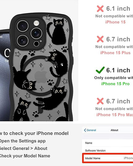 Cute Case for iPhone 15 Pro Case [Compatible with MagSafe] with Kawaii Black Cats Cat Print Pattern Design for Women Girls, Soft Wavy Edge Anti-Slip Animal Magnetic Protective Phone Cover