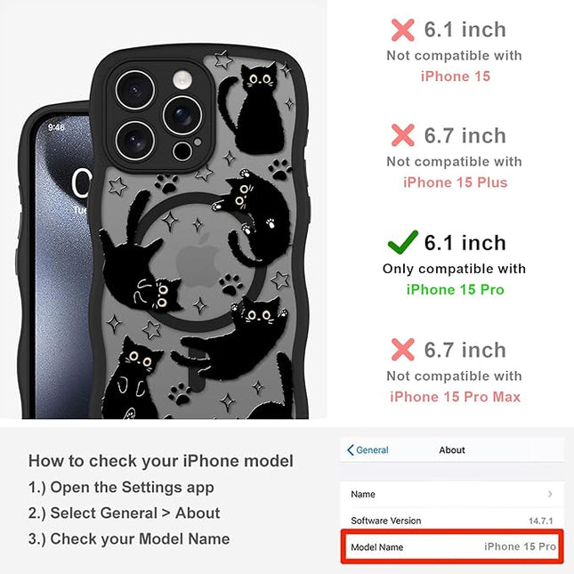Cute Case for iPhone 15 Pro Case [Compatible with MagSafe] with Kawaii Black Cats Cat Print Pattern Design for Women Girls, Soft Wavy Edge Anti-Slip Animal Magnetic Protective Phone Cover