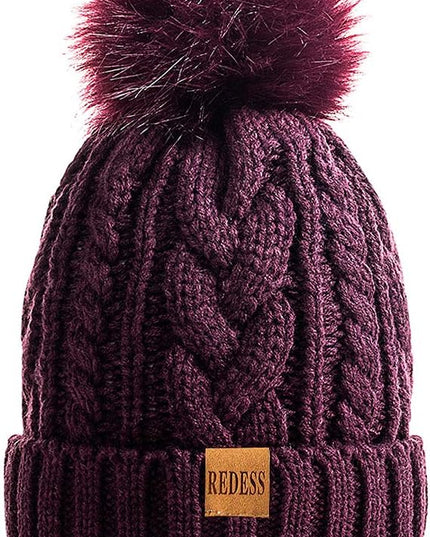REDESS Women Winter Pompom Beanie Hat with Warm Fleece Lined, Thick Slouchy Snow Knit Skull Ski Cap