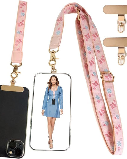 LEMEDE Phone Charm Lanyard, Gold Buckle Adjustable Crossbody and Wrist Strap with 2pcs 360-Degree Rotatable Phone Pad