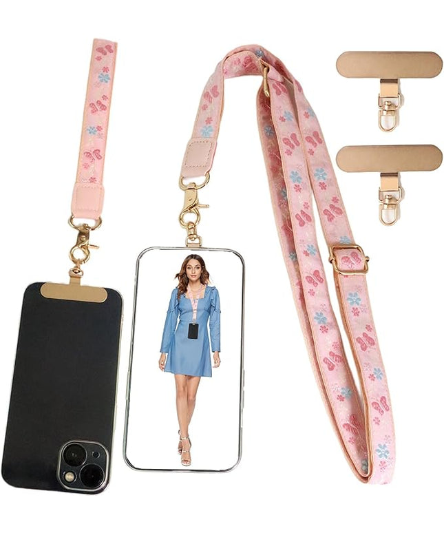 LEMEDE Phone Charm Lanyard, Gold Buckle Adjustable Crossbody and Wrist Strap with 2pcs 360-Degree Rotatable Phone Pad