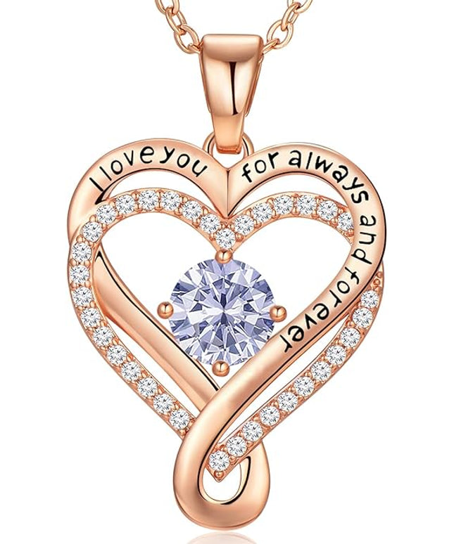 Infinity Love Heart Birthstone Necklace for Women Wife, S925 Sterling Silver Anniversary for Women Wife Birthday Gift for Her Girlfriend Mom Daughters, I Love You Women's Jewelry 18k Rose Gold Filled