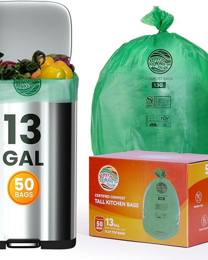 Trash bags 13+ gallon tall kitchen,Compostable Trash Lawn & Leaf Yard Waste Bags,Kitchen Compost Trash Bin Compatible,Extra Thick1.1 Mills,Certified by BPI and OK Compost(50count)
