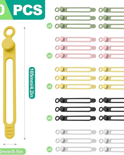 slaixiu 30 Pcs Silicone Cable Ties, Reusable Rubber Twist Ties & Cord Organizers, Flexible Gear Ties for Electrical Cords & Charger Management, 5 Colors