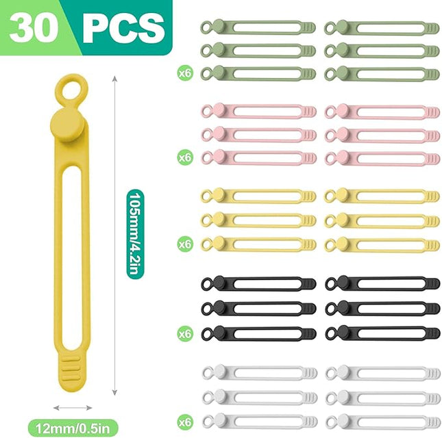 slaixiu 30 Pcs Silicone Cable Ties, Reusable Rubber Twist Ties & Cord Organizers, Flexible Gear Ties for Electrical Cords & Charger Management, 5 Colors