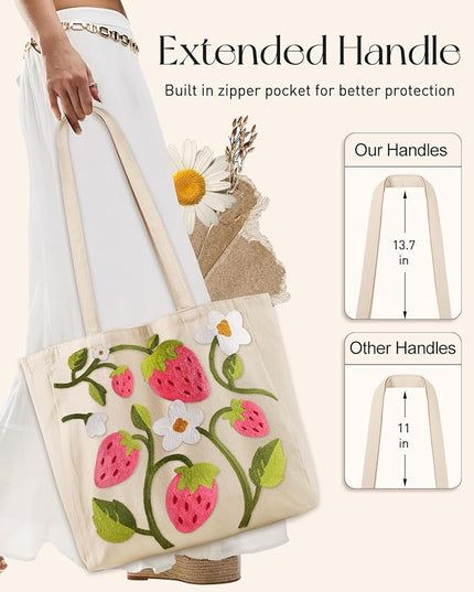 Embroidery Canvas Tote Bag for Women - Reusable Totes with Pocket & Buckle Aesthetic Cute Grocery Shoulder Bag