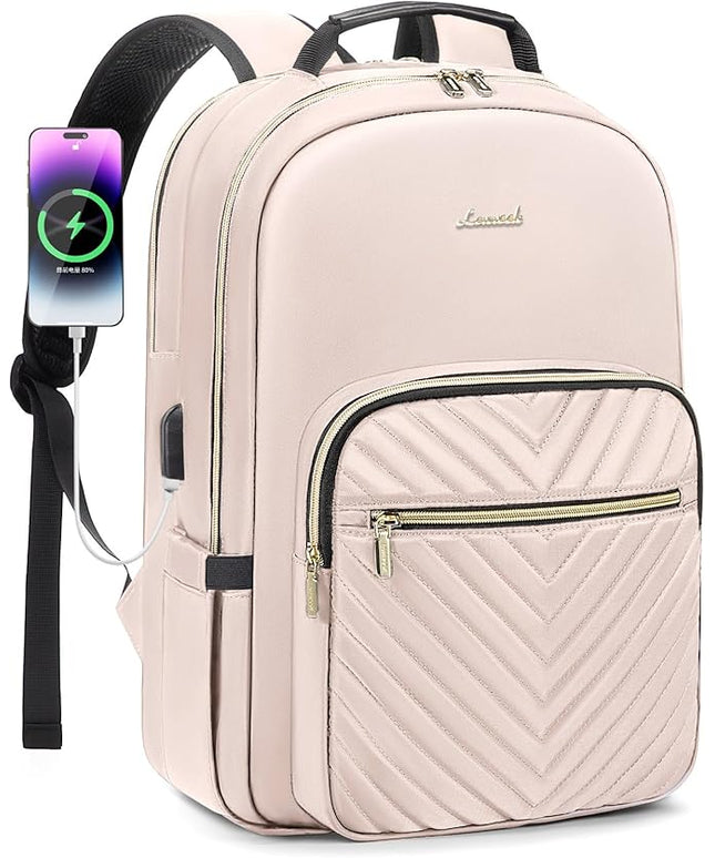 LOVEVOOK Laptop Backpack for Women 15.6 inch,Cute Womens Travel Purse,Professional Computer Bag,Waterproof Work Business College Teacher Bags Carry on with USB Port,Nude