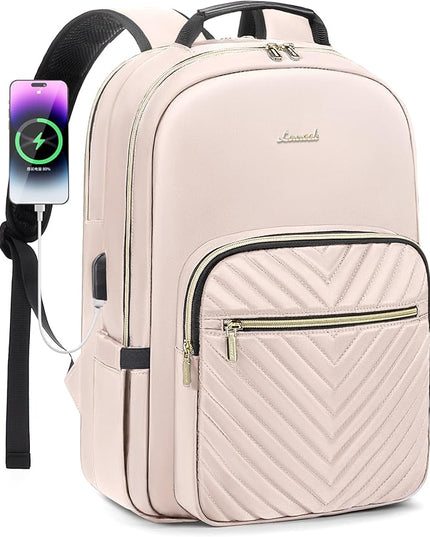 LOVEVOOK Laptop Backpack for Women 17.3 inch,Cute Womens Travel Backpack Purse,Professional Laptop Computer Bag,Waterproof Work Business College Teacher Bags Carry on Backpack with USB Port,Nude