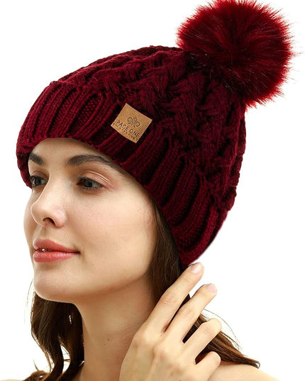 PAGE ONE Womens Winter Ribbed Beanie Crossed Cap Chunky Cable Knit Pompom Soft Warm Hat