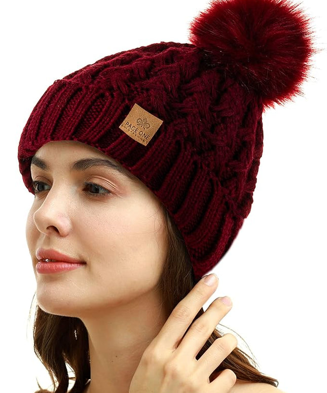 PAGE ONE Womens Winter Ribbed Beanie Crossed Cap Chunky Cable Knit Pompom Soft Warm Hat
