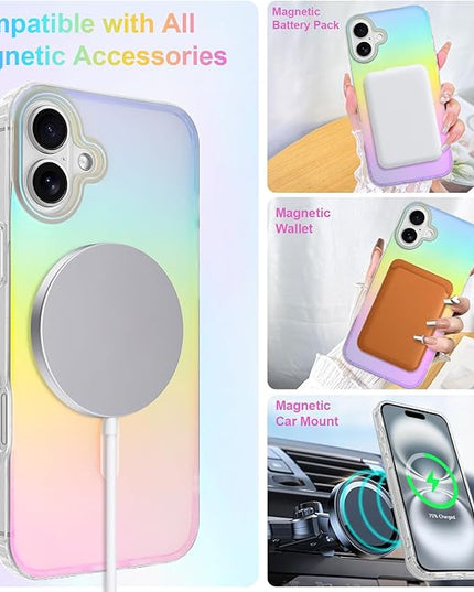 Cute Case for iPhone 16 Case for Women Girls [Compatible with Magsafe] Aesthetic Girly Glitter Bling Rainbow Magnetic Protective Phone Cover, Translucent Iridescent Blue & Pink