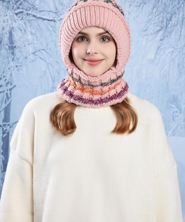 HUAMULAN Women Winter Beanie Hats One Piece Fleece Lined Knit Balaclavas Mask Set Skull Neck Circle Scarf Ski Snow Hat Pompom