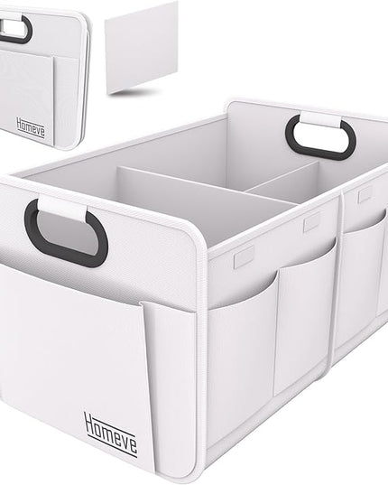 Homeve Trunk Organizer, Car Storage, Reinforced Handles, Collapsible Multi-Compartment, Foldable, Waterproof, Sturdy, 600D Oxford Polyester For Car, SUV, Mini-Van, White, 2 Compart