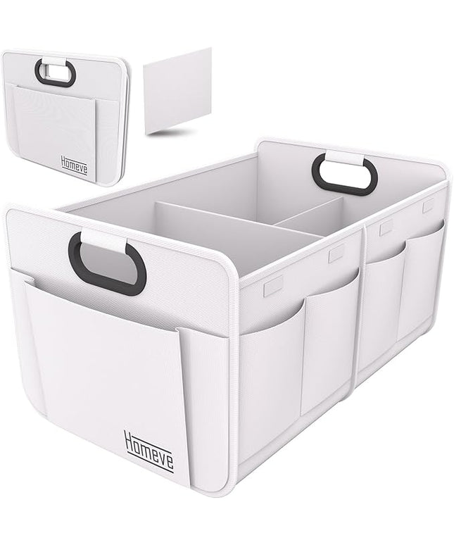 Homeve Trunk Organizer, Car Storage, Reinforced Handles, Collapsible Multi-Compartment, Foldable, Waterproof, Sturdy, 600D Oxford Polyester For Car, SUV, Mini-Van, White, 2 Compart