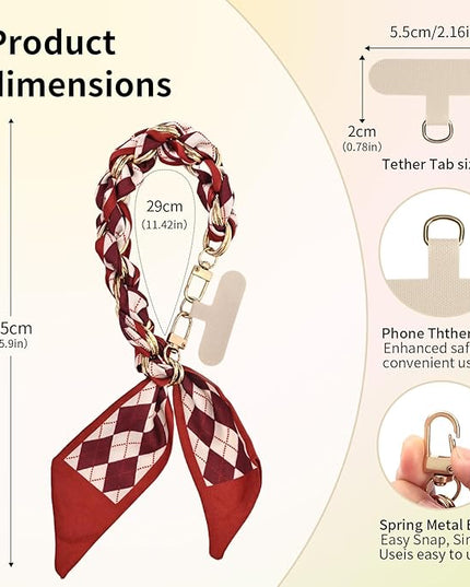 Fycyko Phone Wrist Strap with Gold Metal Scarf and Universal Tether Tab, Aesthetic Print Design Ribbon Chain, Multi-Purpose Accessories for Bag Key Cellphone for Men Women Girls-Red Checkerboard