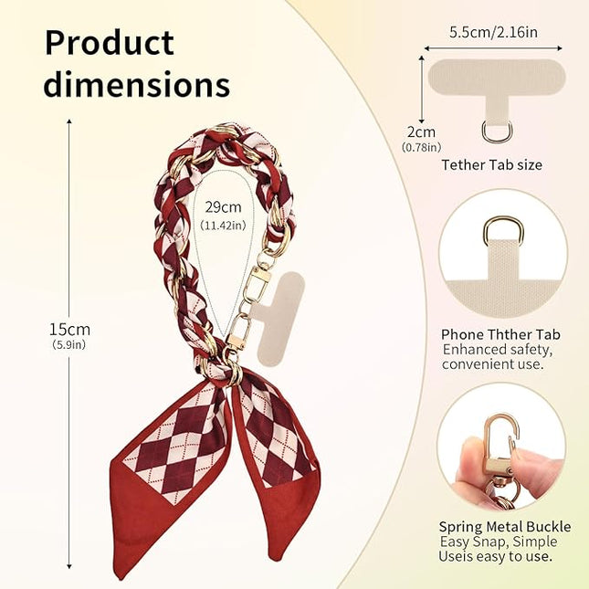 Fycyko Phone Wrist Strap with Gold Metal Scarf and Universal Tether Tab, Aesthetic Print Design Ribbon Chain, Multi-Purpose Accessories for Bag Key Cellphone for Men Women Girls-Red Checkerboard