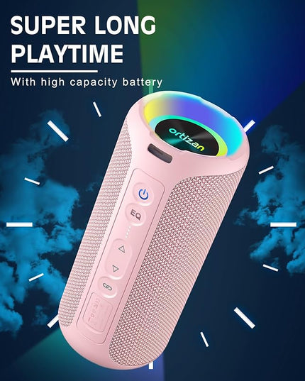 Ortizan Bluetooth Speakers, Portable Wireless Stereo Speaker - IPX7 Waterproof, 30W RMS(40W Peak) Loud Sound, Deep Bass, LED Light, Bluetooth 5.3, for Home/Shower/Outdoor/Beach, Gifts for Adult, Pink