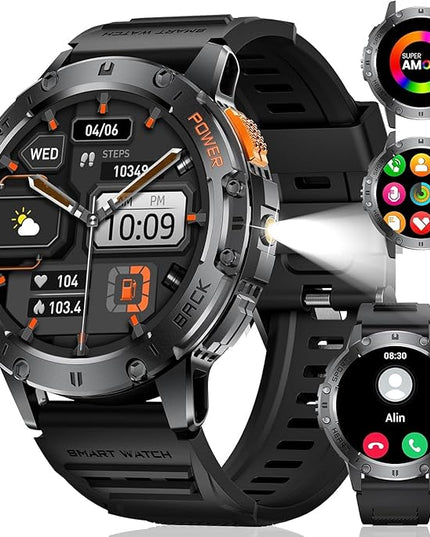 LIGE Military Smart Watches for Men(Answer/Make Calls) with LED Flashlight,530mAh Large Battery,1.43’’ AMOLED Fitness Tracker Heart Rate/SpO2/Sleep Monitor 5ATM Smartwatch for Android iOS,Silicone