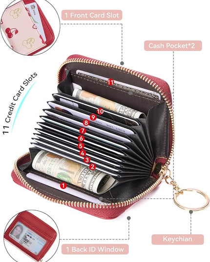 BOSTANTEN Credit Card Holder Wallet RFID Blocking Leather Small Wallet for Women Zipper Keychain Wallet with Wristlet Cherry Print