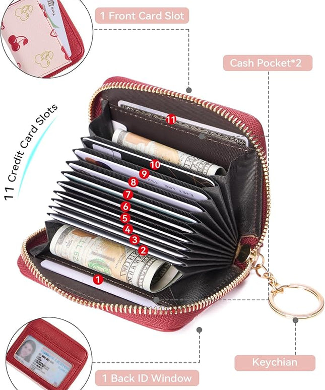 BOSTANTEN Credit Card Holder Wallet RFID Blocking Leather Small Wallet for Women Zipper Keychain Wallet with Wristlet Cherry Print