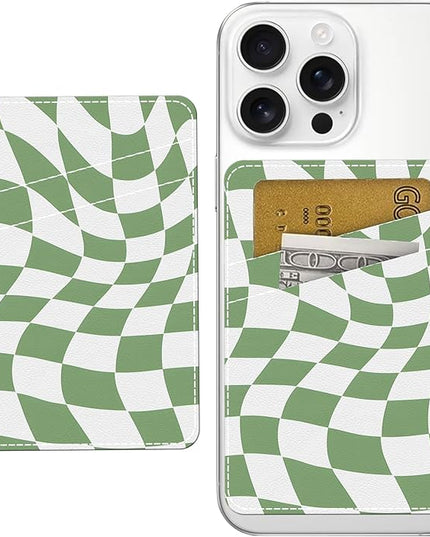 Phone Card Holder, Cute Leather Phone Wallet Stick On, Dual Pocket Credit Card Sticky Wallet Cute Groovy Checks