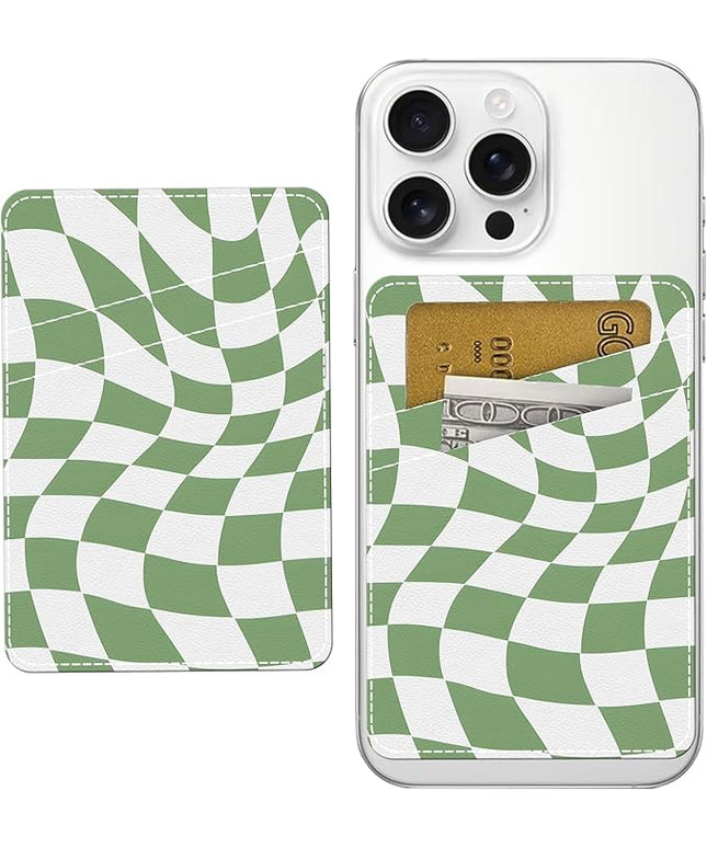 Phone Card Holder, Cute Leather Phone Wallet Stick On, Dual Pocket Credit Card Sticky Wallet Cute Groovy Checks