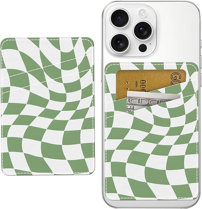 Phone Card Holder, Cute Leather Phone Wallet Stick On, Dual Pocket Credit Card Sticky Wallet Cute Groovy Checks