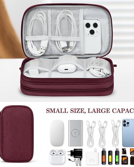 FYY Electronic Organizer, Travel Cable Organizer Bag Pouch Electronic Accessories Carry Case Portable Waterproof Double Layers Storage Bag for Cable, Charger, Phone, Earphone, Medium Size, Wine Red