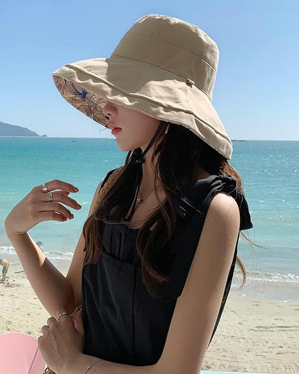 HUAMULAN Women Summer Sun Hat Wide Brim Wired Edge Floral Beach Bucket Hats Reversible Foldable Travel UV Protection Lady Hat