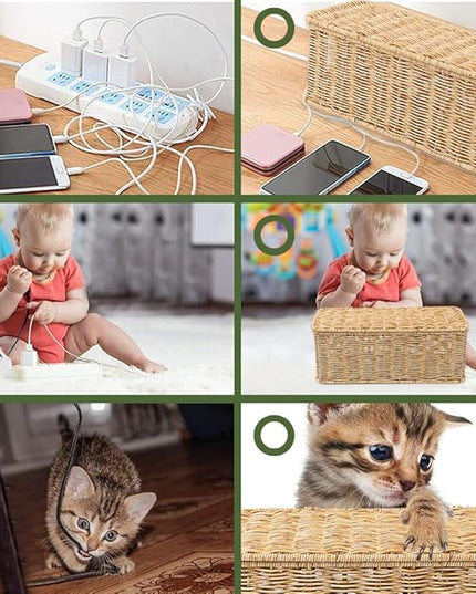Cable Management Box, Handmade Rattan Cable Organizer with 2 Open Slots, Cord Hider for Power Strip, Router & USB Hub, Registered U.S. Design Patent (D1,112,102), 13" x 5.1" x 5.1", Natural