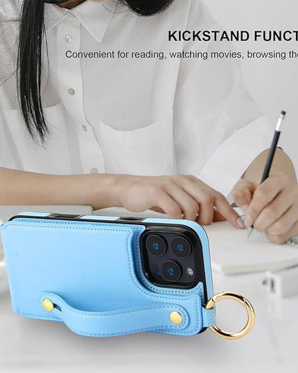 Folosu for iPhone 16 Pro Max Wallet Case with Card Holder, Hand Wrist Strap Loop Holder Kickstand, RFID Blocking Finger Grip Ring PU Leather Double Buttons Shockproof Cover 6.9" Blue