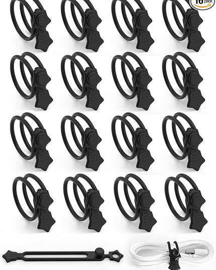 16 Pack Silicone Cable Ties, Reusable Star Design Cord Organizer Straps With 2 Binding Methos, Durable & Stretchable Wire Management for Home, Office, Travel (Black)