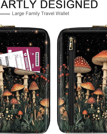 Family Passport Holder Wallet RFID Blocking Document Organizer PU Leather Mulit-purpose Travel Wallet Credit Cards Case for Women Men, Mushroom