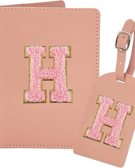 ULICO Initial Passport Cover and Luggage Tag Set,PU Leather Letter Passport Case Holder Travel Suitcase Tag, Personalized Travel Luggage Accessories Gifts for Women Kids Teenage Pink H