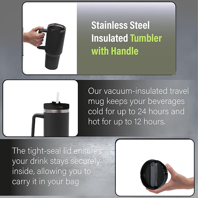 H&F Clicks Insulated Tumbler, Stainless Steel Tumbler with Leakproof Lid for Water, Coffee or Iced Tea. Cup Holder Compatible for Travel, BPA-Free Water Bottle, Vacuum Insulated Tumbler. (Black)