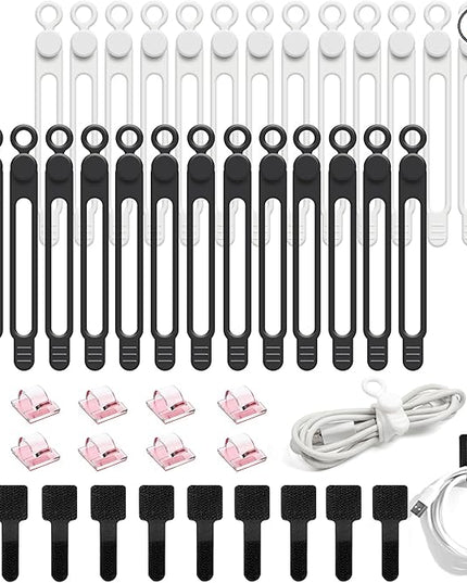 48Pcs Cord Organizer Kit, Reusable Silicone Cable Ties, Strong Adhesive Cable Clips for Cable Management, Multipurpose Wire Management for Bundling and Fastening Various Wires (Black, White)