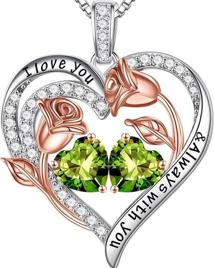 Iefil Christmas Gifts for Women Wife - 925 Sterling Silver Rose Heart Birthstone Necklace Birthday Anniversary Jewelry Gifts for Her Wife Mom Daughter