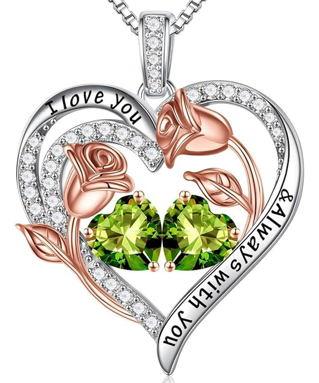 Iefil Christmas Gifts for Women Wife - 925 Sterling Silver Rose Heart Birthstone Necklace Birthday Anniversary Jewelry Gifts for Her Wife Mom Daughter