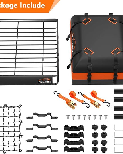 FIVKLEMNZ Car Rooftop Cargo Carrier Roof Bag Waterproof for All Top of Vehicle with/Without Rack Includes Topper Anti-Slip Mat + Reinforced Straps + 6 Door Hooks + Luggage Lock