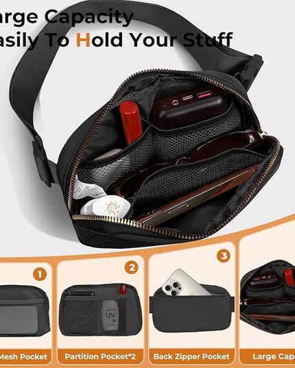 Cwualo Belt Bag Zipper Fanny Pack Crossbody Bags for Women,Fashion Nylon Waist Packs, Water Repellent Two Way wear with Adjustable Strap Gifts for Teenage Girls Women Men(Black)
